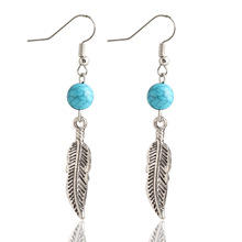 Vintage Jewelry Bead Feather Alloy Plated Silver Drop Earrings For Women Leaf Dangle Earrings Wholesale Accessory Brincos