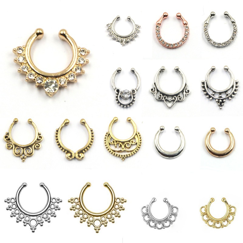 Image of Hot sale crystal fake septum nose ring piercing clip on body jewelry faux hoop nose rings for women BH0015
