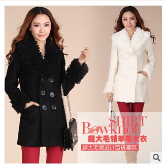 Hot Sale New 2014 Women Winter Outwear Fashion Turn Down Fur Collar Double Breasted Elegant Slim Plus Size Long Wool Coat WJ1704