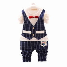 New 2015 Spring Fashion Baby Boy Clothes Gentleman Suit Long Sleeve Stitching plaid vest and tie T-shirt + Pants Clothing Set