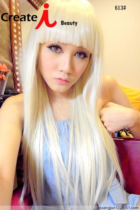 Image of lady gaga blonde half long straight synthetic party cos wig,65cm bang in a line daily hair.Free shipping