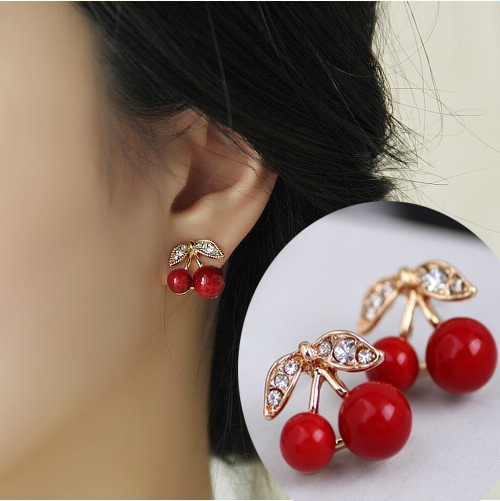 Image of 2015 New Fashion Lovely Red cherry earrings rhinestone leaf bead stud earrings for woman jewelry