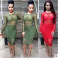 2016 New Bodycon Sexy Club Party Dresses Red Green Long Sleeve Soild Elegant Casual Midi Dress