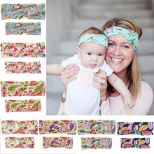 2016 New Products Mommy and Me Cotton Turban Head Wrap Set Baby Girl Hair Accessories Cross Printing Knotted Headband Photo Prop