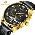 KINYUED Classic Day Date Calendar Tourbillon Automatic Brown Leather Strap Analog Men Mechanical Watch Montre Homme