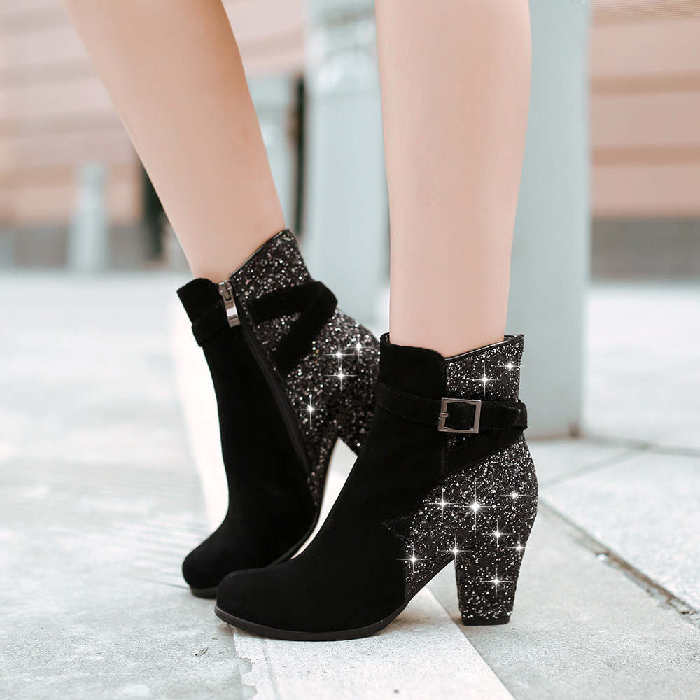 Fashion womens genuine leather boots high heel glitter ankle boots