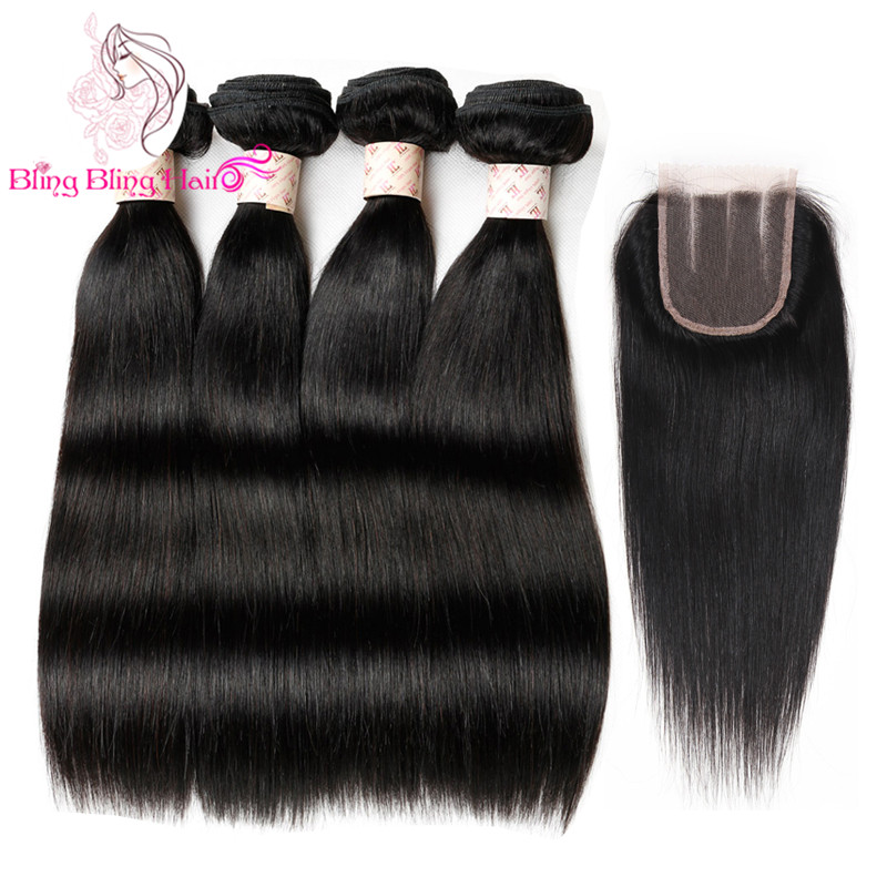 Image of 4 Bundles Malaysian Straight Hair With Closure Ms Lula Hair With Closure And Bundles Cheap Human Hair With Closure Piece