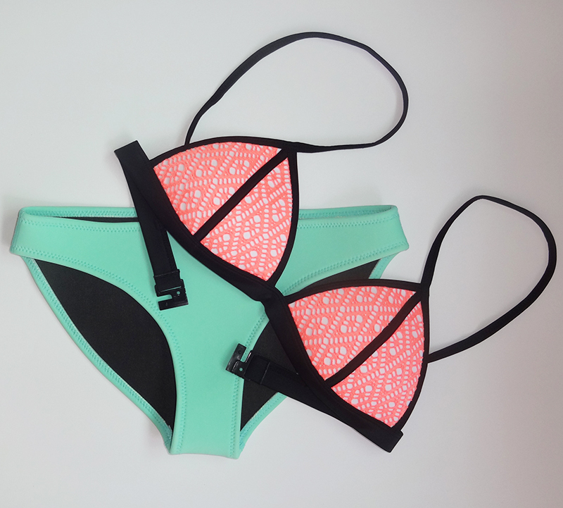2016 Sexy Women Mesh Neoprene Swimwear Patchwork Neoprene Bikini Neon Swimsuit Biquini Sexy Bathing Suit