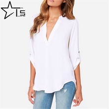Twinkle Star Summer Chiffon Blouse Ladies Elegant Sexy V-neck Blouses Long Sleeve Shirt Female Office Shirt Plus