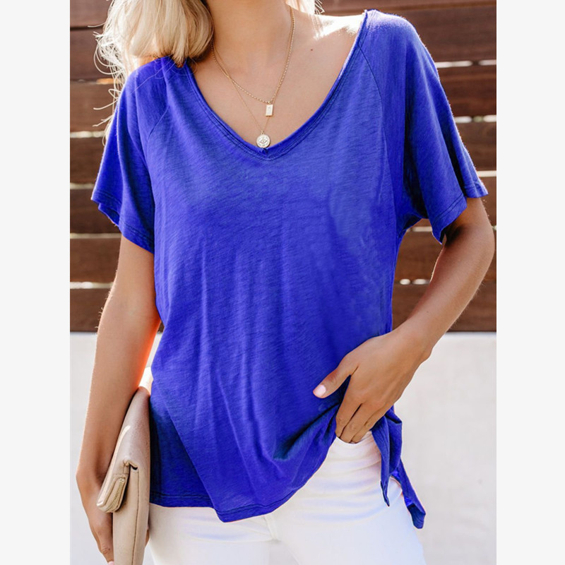 Women S Fashion T Shirts Solid Color V Collar Short Sleeved Casual T