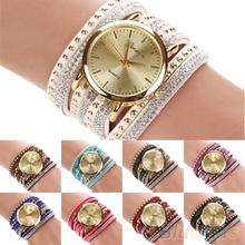 Mujeres de ginebra Faux Suede remaches Rhinestone multi capa pulsera del abrigo del reloj análogo 28IS