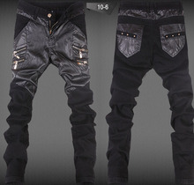 New 2015 Fashion Leather Patchwork Skinny Jeans Men Punk Style Robins Jeans Men High Quality