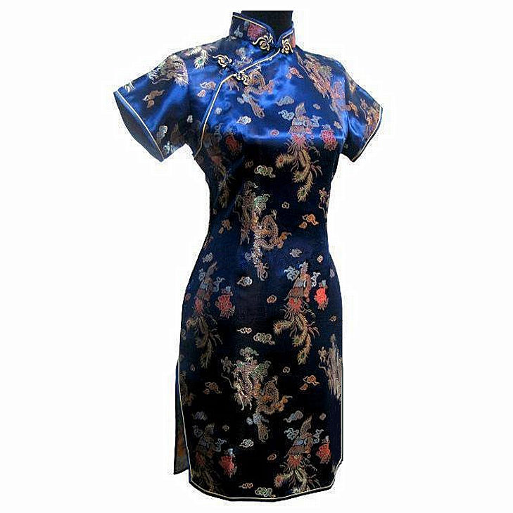 Image of Special Offer Navy Blue Chinese Womens Mini Cheongsam Qipao Dress ropa mujer Dragon Phenix Size M L XL XXL 3XL 4XL 5XL 6XL J3093