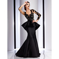 Black Lace Long Sleeves Evening Dresses Appliqued Sheer Scoop 2016 Satin Backless Mermaid Prom Dress Formal