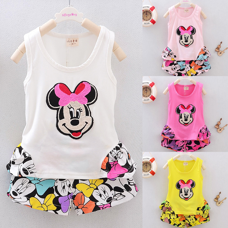 2015 Summer Wholesale Baby Girl Clothing Set Mouse Vest Short Little Girl Suit Cotton Cartoon Children Toddler Girl Clothes Set