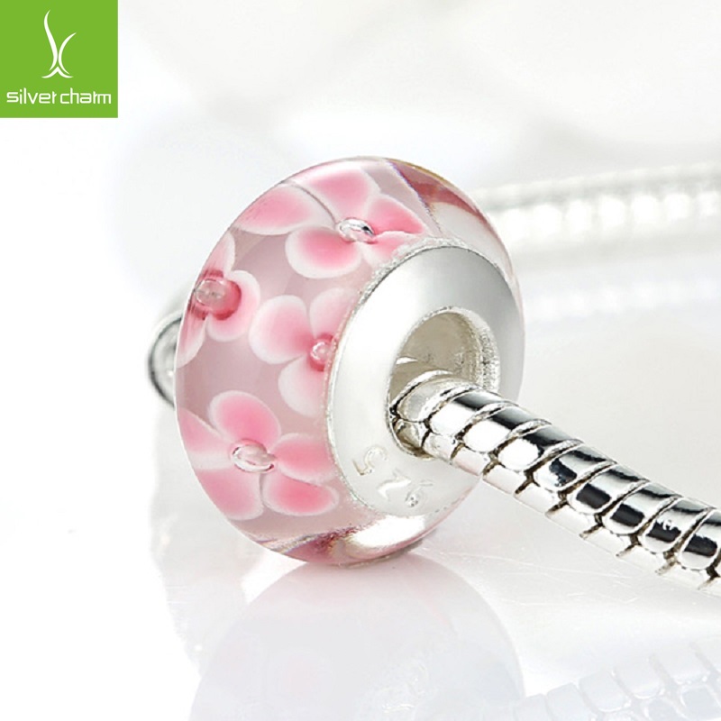 Image of High Quality Silver Plated DIY Pink Flower Murano Glass Beads Fit Original Pandora Bracelet Charms For Women Jewelry