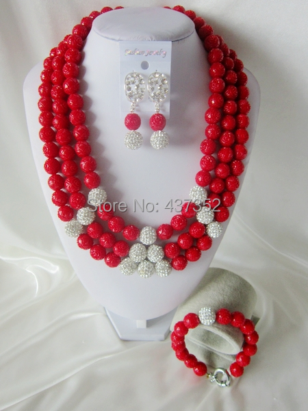 Handmade Nigerian African Wedding Beads Jewelry Set , Red Artificial Coral Beads Necklace Bracelet Earrings Set CWS-384