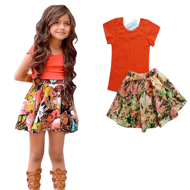 summer set orange sleeve tshirt and floral skirt clothing sets for children s summer set orange sleeve tshirt and floral skirt clothing sets for children s