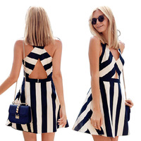 2015 new fashion summer style black and white stripes patchwork cross back sexy sleeveless vest dress cropped tank top crop tops