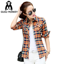 New Spring 2016 MS Long Sleeved Plaid Shirt Lapel Brushed Cotton Dress Women Thick Shirts Women Blouse NCS010