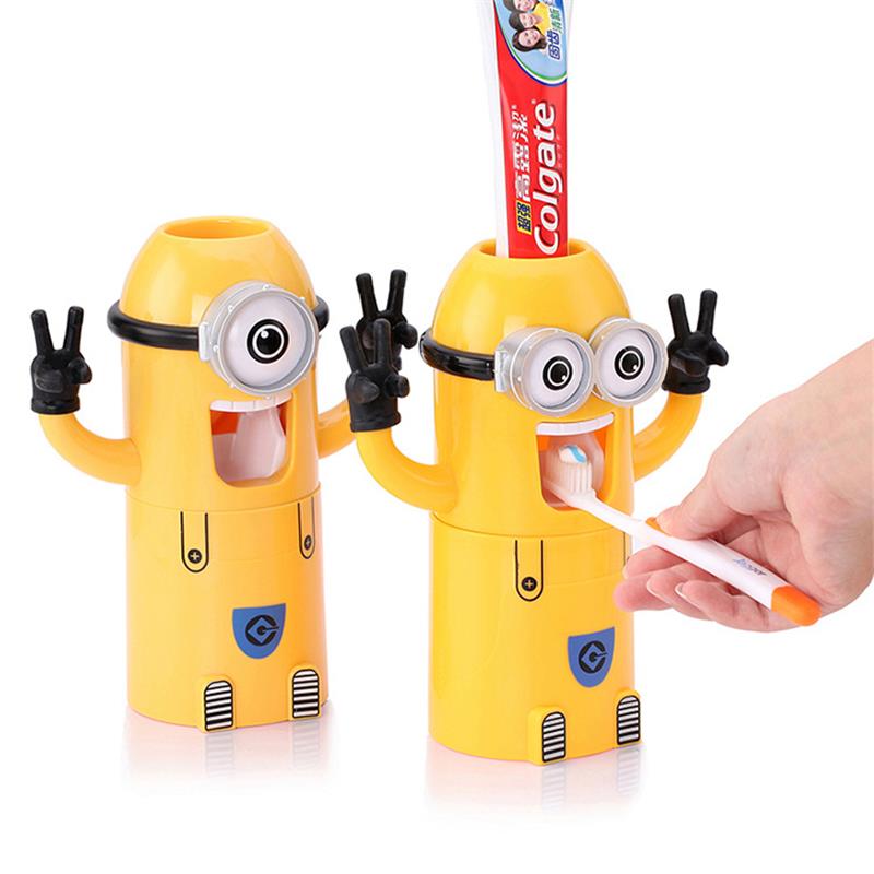 Image of In Stocked Minion toothpaste dispenser bathroom accessories automatic toothpaste dispenser Kids Plastic Bathroom Set with Cup