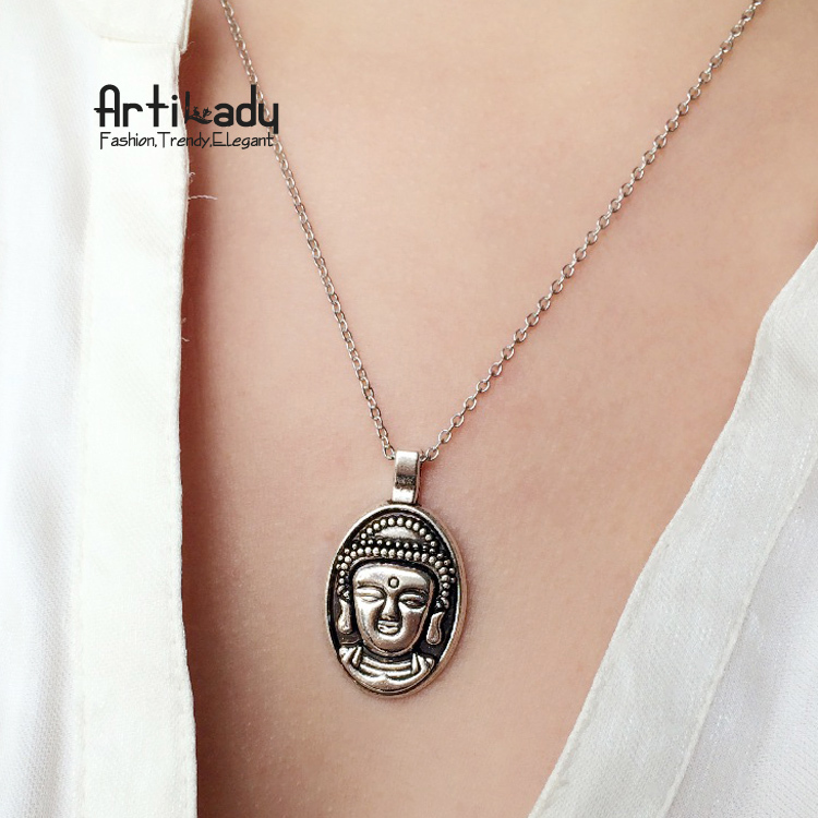 Image of Artilady buddha head pendant necklace silver plating christmas buddha head pendant pendant necklace christmas gift for women RB