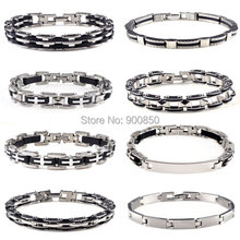 Trendy Men Silicone Stainless Steel Bracelet Black Silver 316L Stainless Steel Rubber Bracelet Men Cuff Bracelet For Gift