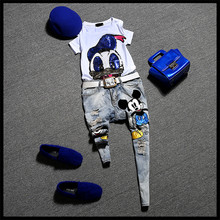 2016 Women 2 piece Set Animal Sequined Cotton T-shirt+Hole Ripped Cartoon Denim Jeans Twinset Women Pants Suits Jeans Pants NS54