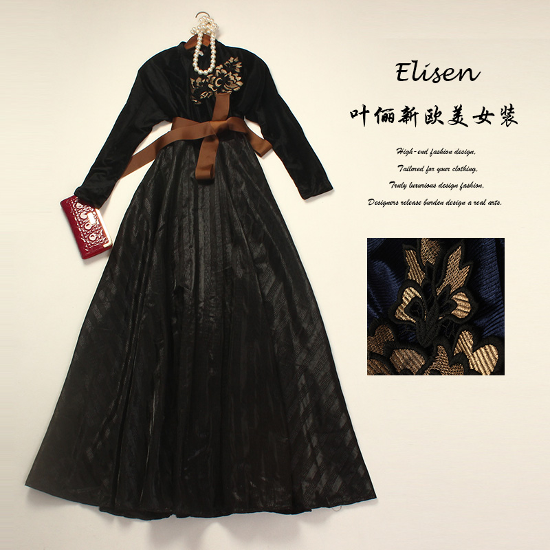 Luxury Dress 2016 Spring Autumn Fashion New Runway Brand Floor-Length Patchwork Flower Embroidery Belt Black / Blue Dress