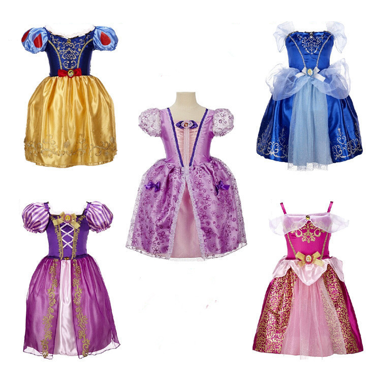 2015 Baby Girls Cinderella Dresses Children Snow White Princess Dresses Rapunzel Aurora Kids Party Costume Clothes