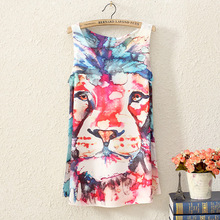 2016 summer women sleeveless t-shirt printing Oil Lions people style long section lady t shirt women tops tees female clothing