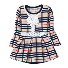 2016 New 1-4Y little child dresses spring autumn plaid girls clothing cute bow long sleeve dresses for baby girls