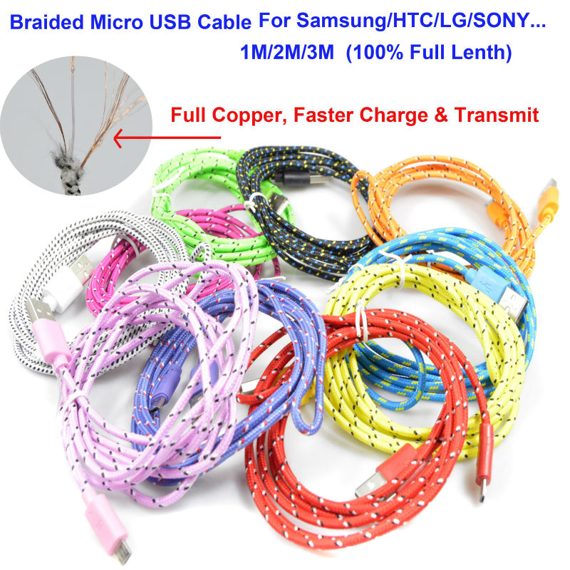 Image of 1M/2M/3M Braided Wire Micro USB Cable 3ft Sync Nylon Woven Charger Cords For Samsung Galaxy S3 S4 S6 for Blackberry for SONY