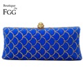 Royal Blue Golden Scale Crystal Women Metal Fur Evening Clutches Purse Ladies Wedding Party Bridal Handbag