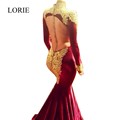 Full Sexy Burgundy Mermaid Long Sleeve Prom Dresses 2017 Dubai Kaftan High Neck Gold Appliques Velvet