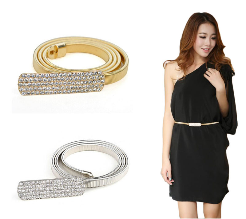 Woman Elastic Metal Chain 5 Row Rhinestone Belts for dresses Gold & Silver Chain Belts For Women ...