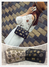 Fashion Ladies Genuine Leather Handbags Vintage Medal Coin Women’s Bags Diamond Plaid Chain Shoulder Bags Carteira Feminina A99