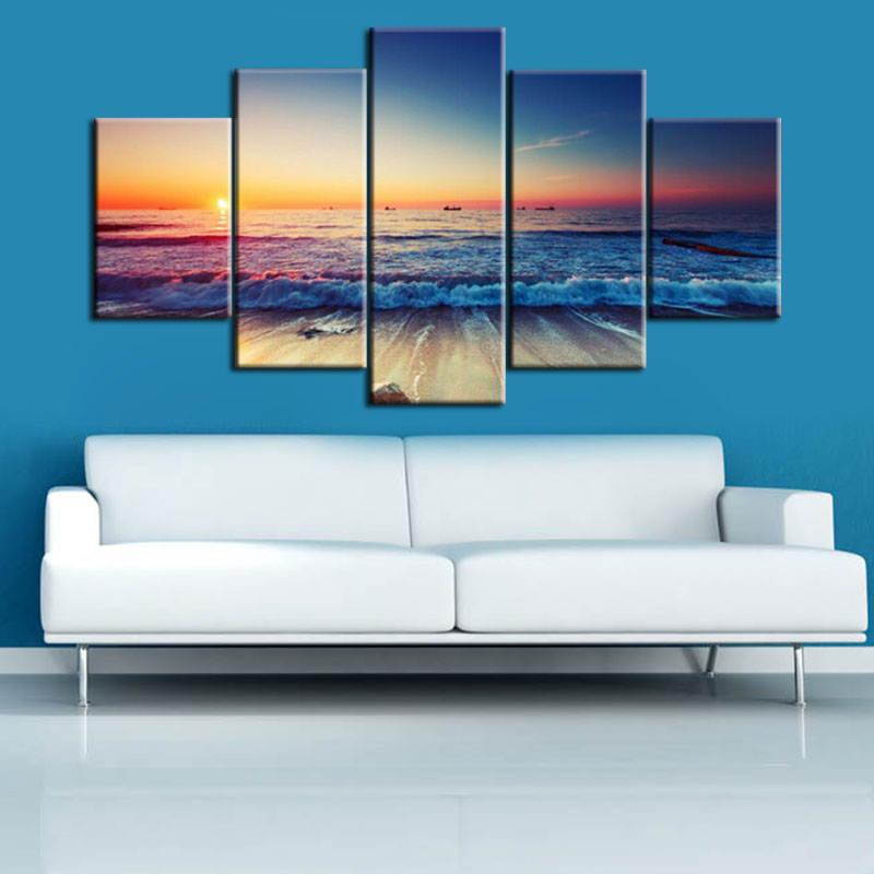 Unframed 5 Panel Sunset Sea Wave Landscape Modern Print Painting On Canvas Home Wall Decor For Living Room Wall Art Picture Gift