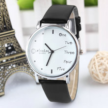 2015 moda mujeres lindas de letras inglesas Dial redondo PU banda de cuero relojes de cuarzo analógico reloj Hot Sales relojes de pulsera