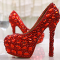 Free Shipping Red Crystal Rhinestone Diamond 14cm High Heels Women Bridal Wedding Shoes Women Big Size