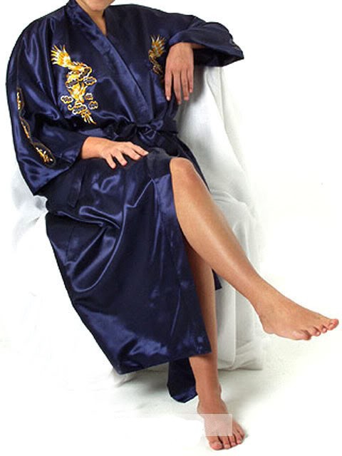 Navy Blue Chinese Women's Silk Satin Robe Embroidery Kimono Bath Gown Dragon S M L XL XXL XXXL S0008