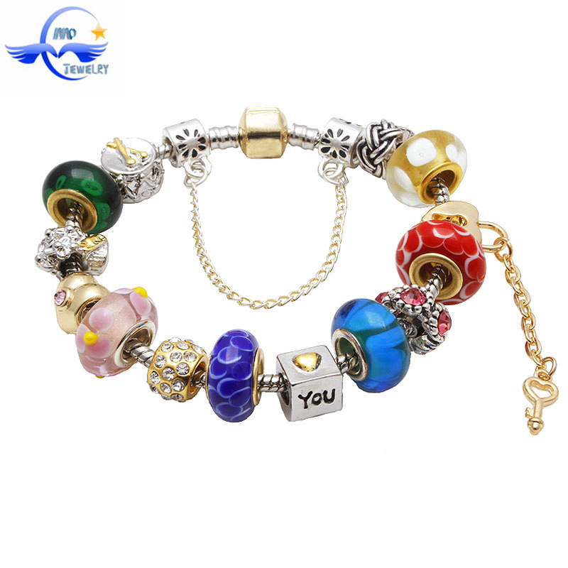 Image of 19cm Fashion Silver Plated Charms Bracelet Rose Gold Murano Glass Beads Bracelets & Bangles Original Bracelets For Women Jewelry