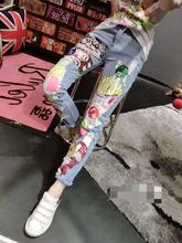 Abo 2016 spring and summer paillette cartoon badge loose denim trousers casual pants