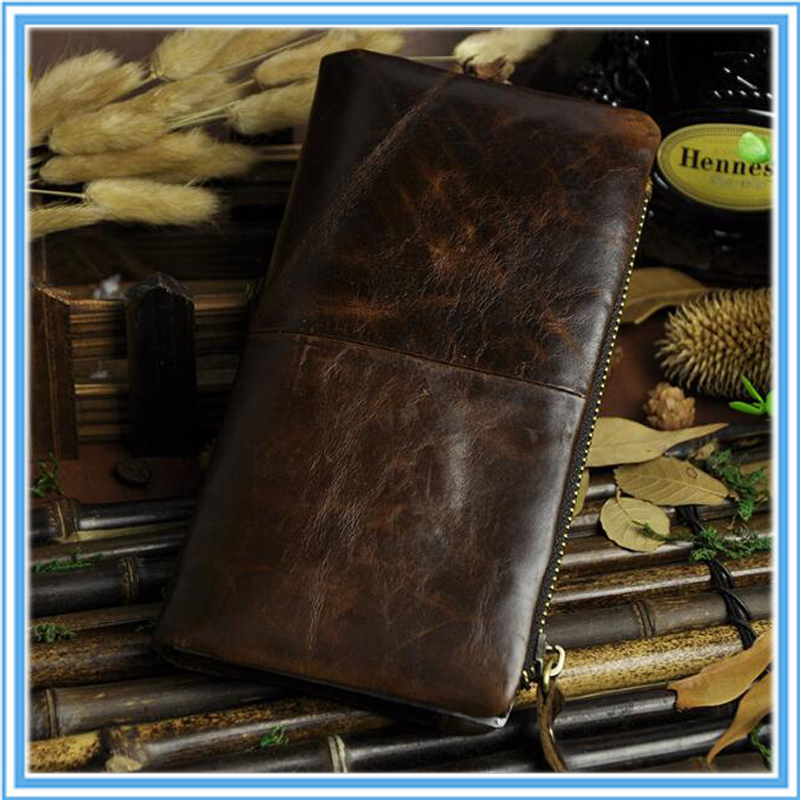 2015 New Arrival Wax Genuine Leather Men's  Wallet Retro multi card hand large capacity long man wallet
