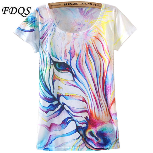 Новый 2015women's рубашки зебры печатных акварели короткие женщин Большой размер широкий хлопок шею 3d футболки camisetas