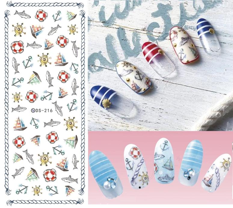 Image of DS216 DIY Nail Design Water Transfer Nails Art Sticker Cartoon Fish Anchor Ocean Nail Wraps Sticker Watermark Fingernails Decals