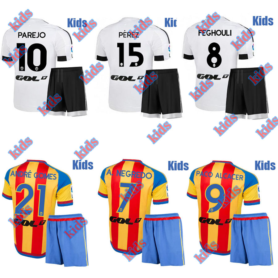 Image of 2016 Valencia CF Home Away soccer jerseys 15 16 PACO ALCACER A. NEGREDO PAREJO Valencia CF football kids kit de futbol camisas