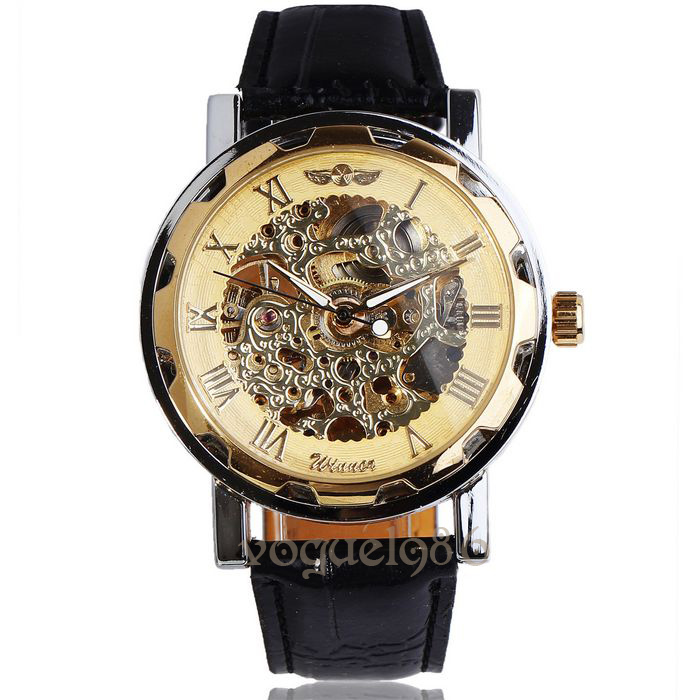 Image of Crazy sale Winner best price new Leather Mechanical watch men Gold color skeleton dress wristwatch free shipping