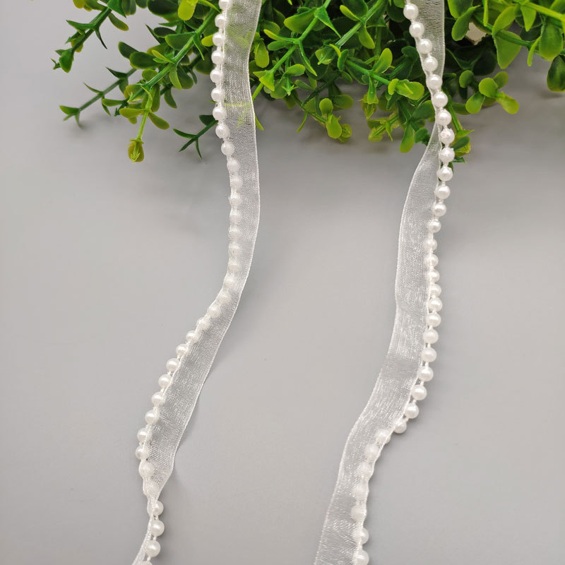 Description Picture 5 of item5Meters/Lot 1.2cm Chiffon Lace Ribbon with Fake Pearl DIY Apparel Sewing & Fabric Beaded White Lace Trimming Garment Tape