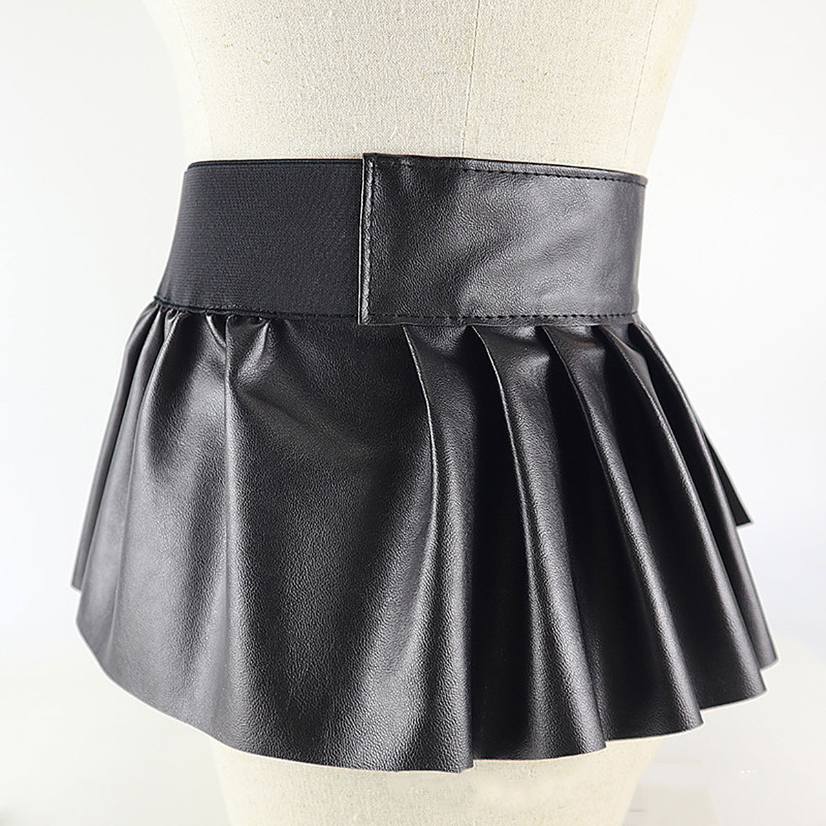PU Leather Elastic Wide Waistband Classic Stretch Pleated Dress Skirt Cinch Belt